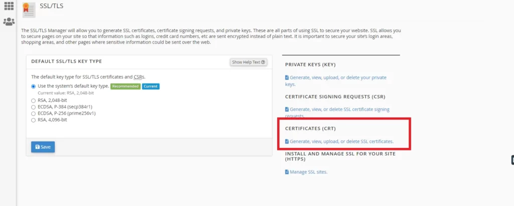 Step # 3 to add SSL to a website, Click generate new certificate under CRT